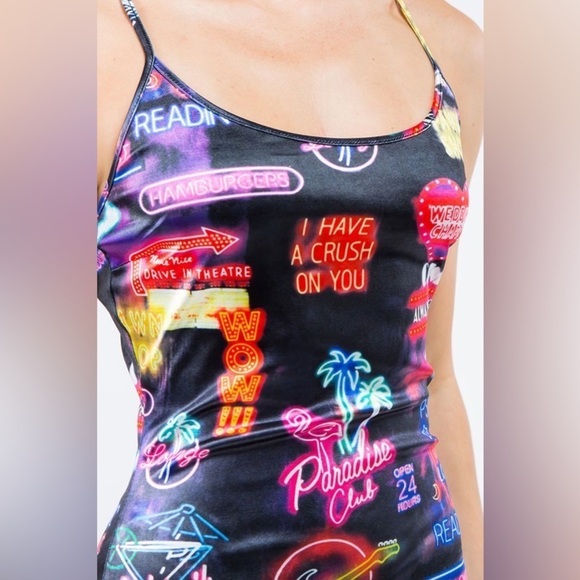 Bear Dance Casino Vegas Light Neon Sign Influencer Printed Satin Mini Dress - Picture 5 of 6